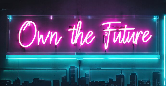 Naklejki Neon sign own future bright fuchsia deep teal floating inside futuristic lab reflecting digital surfaces holographic cityscape