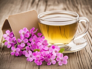 Glass tea cup with pink flowers and a blank name card 