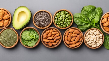 An assortment of nuts, seeds, and greens displayed in bowls, featuring avocado and spinach, emphasizing healthy eating and nutrition.