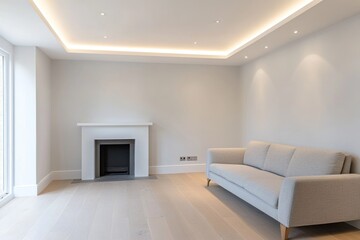 Modern living room interior with neutral color scheme, featuring a fireplace and comfortable sofa.