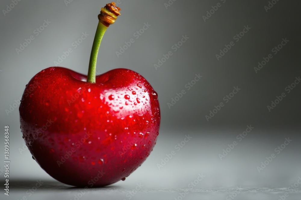 Aufkleber fresh red cherry with droplets resting on a gray surface after a light rain enhancing its vibrant co