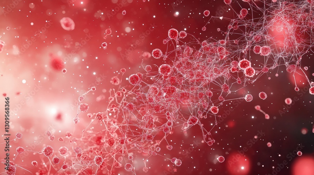 Poster abstract red background with swirling particles and bubbles, creating a dynamic and vibrant scientif