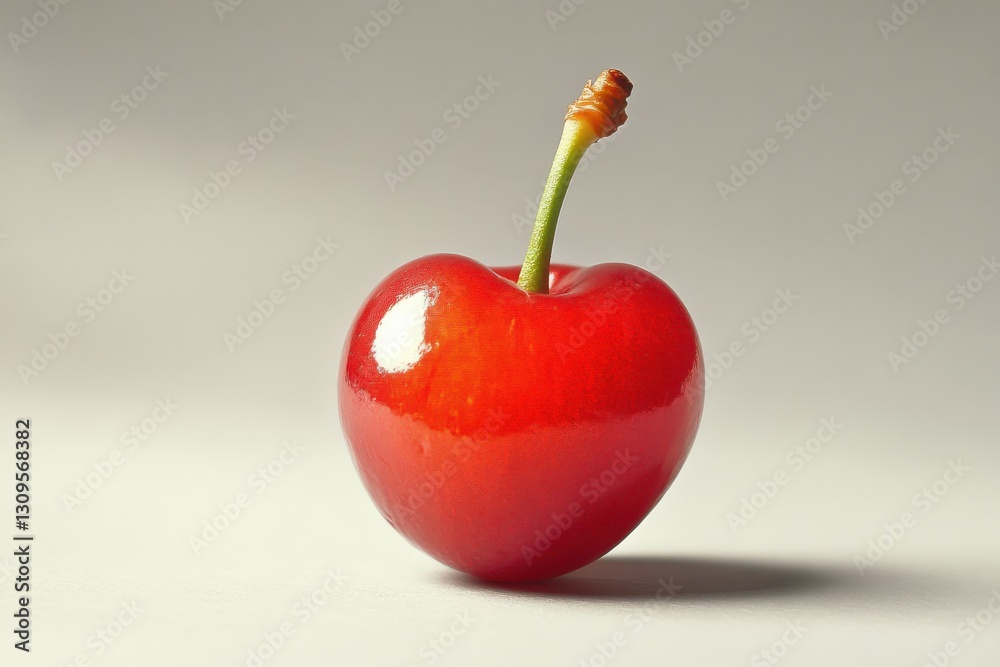 Poster Bright red heart-shaped cherry on a smooth surface emphasizing its glossy texture and vibrant color