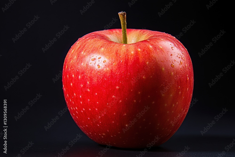 Poster bright red apple with water droplets placed on a dark background showcasing its freshness and textur