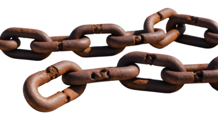 A rusty chain with broken links on a transparent background