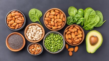 A variety of nuts, seeds, and fresh greens arranged in bowls, showcasing healthy food options on a dark surface.