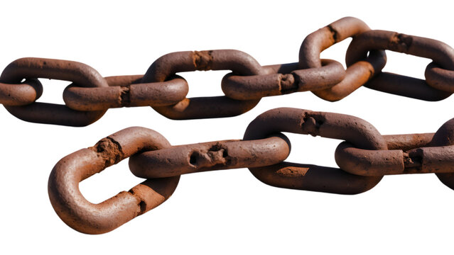 A rusty chain with broken links on a transparent background