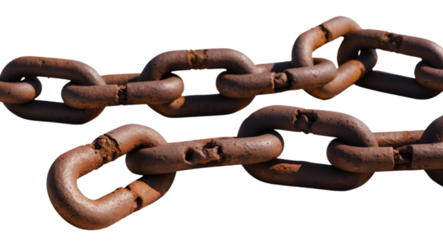 A rusty chain with broken links on a transparent background