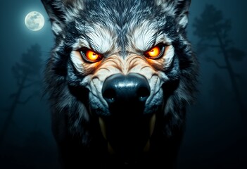 Menacing Wolf Growling With Glowing Eyes Under Moonlight in Dark Forest