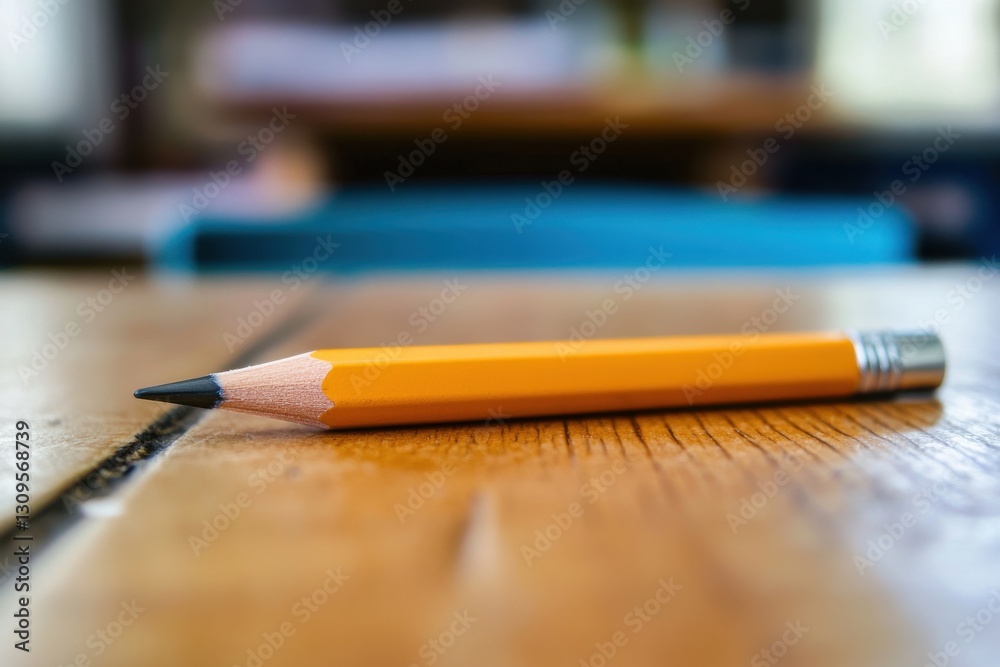 Poster yellow pencil lying on a wooden table in a cozy workspace setting lit by natural light during the af