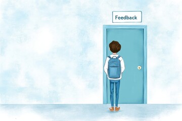 Student standing in front of feedback door, symbolizing lack of communication in education environments