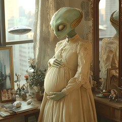 In New York, a pregnant alien woman stands in front of a full-length mirror, gently hugging her round belly, emerald green skin, light-colored outfit