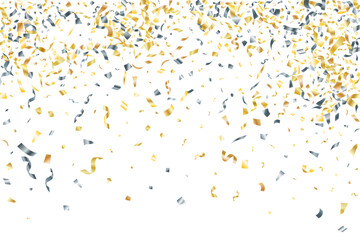 Silver gold flying confetti vector background. Party holiday striking decor. Anniversary confetti streamers. Award or gift decor particles. Luxury golden silver tinsels.