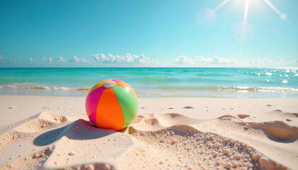 Obraz premium A vibrant beach ball rests on golden sand with sparkling turquoise waves in the background.