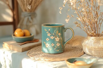 Teal Ceramic Mug with Delicate Floral Design on Table
