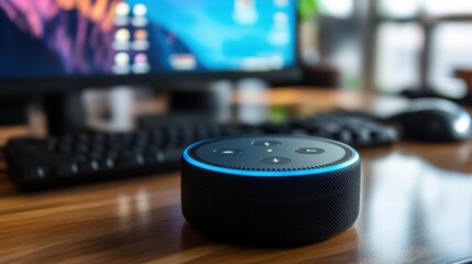 Amazon Alexa Echo Dot smart home speaker with voice assistant, placed against a computer in the background.