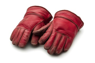 Worn red leather gloves on white background.