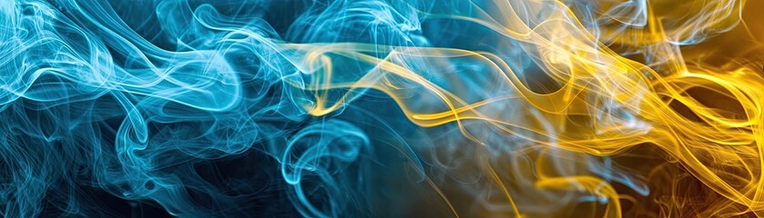 Obraz premium Abstract blue and gold smoke swirls, dark background, design element
