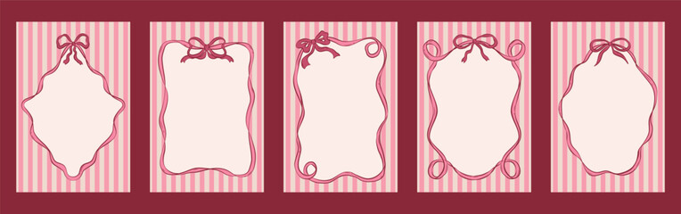 Set of vertical cards with hand drawn curly ribbon frames and bows. Elegant design with copy space in retro style. Perfect for wedding, birthday and other holidays.