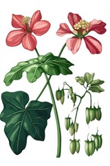 Detailed illustration of jatropha plant parts showcasing flowers, leaves, and seeds