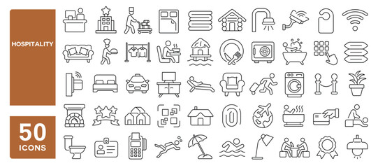 Set of 50 line icons related to hospitality, hotel, hostel, reception, check-in, guest, service, booking, laundry, restaurant, relax, room, Editable stroke. Vector illustration