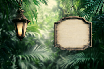 Jungle Background with Hanging Lantern and Sign