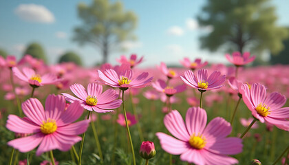 Vibrant Pink Cosmos Field Under Blue Sky &ndash; Spring Nature Photography