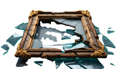 A broken wooden picture frame on a transparent background
