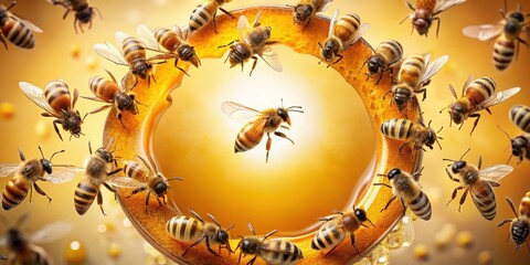 Bees are surrounded by dripping honey in a circular motion, liquid, insects,  liquid, insects, drips, golden, nectar