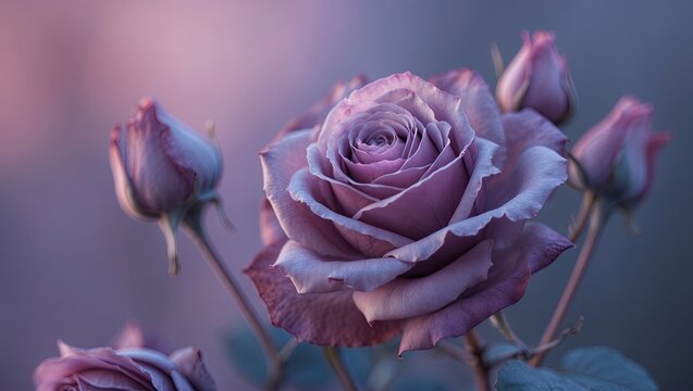 Close-up of a lavender rose with soft focus on buds in pastel colors, evoking calmness and beauty