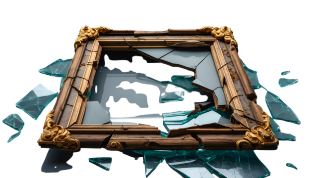 A broken wooden picture frame on a transparent background
