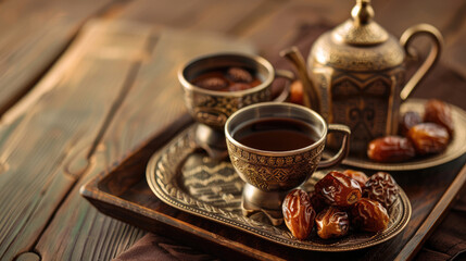 Traditional coffee and dates served on decorative tray