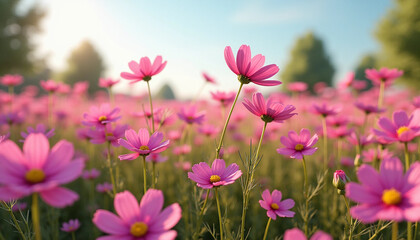 Fototapeta premium Vibrant Pink Cosmos Field Under Blue Sky – Spring Nature Photography