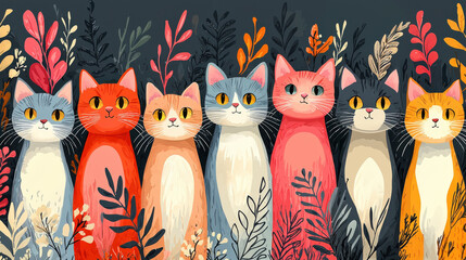 Colorful cat illustration artistic display whimsical design dark background creative environment feline theme
