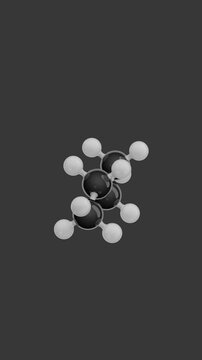 Molecule of Butane. Animated chemical 3D Model: Ball and stick. Molecular Formula: C4H10. Gray background. Seamless loop. Vertical screen. 3D rendering.