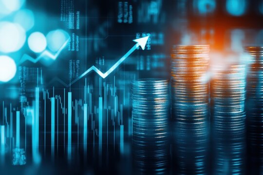 Money coin stack growing graph investment. Finance save. Success, growth wealth stock market. Business in the digital age. Trading chart in financial concepts. Prosperity. Cryptocurrency. Technology