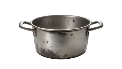 A scratched and dented steel cooking pot on a transparent background