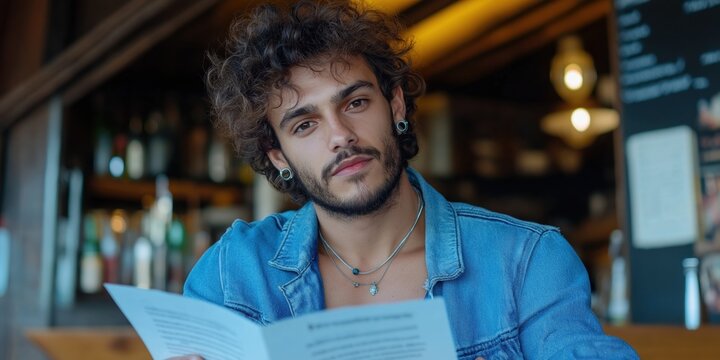 A man with curly hair is sitting at a table with a menu in front of him. He is looking at the menu with a serious expression on his face