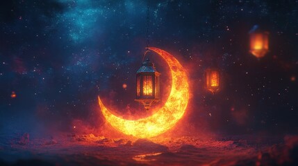 Naklejka premium Illuminated Crescent Moon with Lanterns Against a Starry Night Sky Creating a Magical Atmosphere