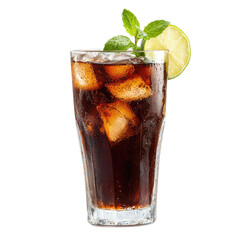 Chilled cola with ice, lime, and mint in a tall glass. Ideal for beverage ads, summer promotions, and refreshing drink marketing