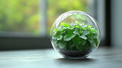 Green Plant in Glass Sphere by Window