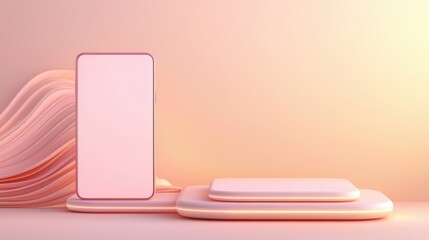 A minimalist design featuring a sleek phone and a smooth platform, all set against a soft, gradient background in warm pastel tones.