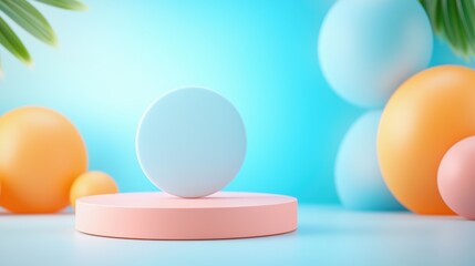Fototapeta premium A minimalistic scene featuring a light blue circle atop a soft pink base, surrounded by colorful spheres against a serene blue background.