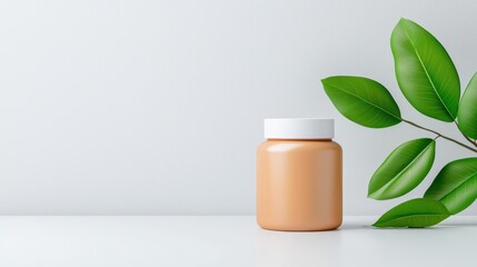 A simple jar sits on a clean surface beside vibrant green leaves, showcasing a minimalist, natural aesthetic.
