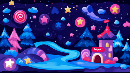 Obraz premium Dreamscape Night: Fantasy Landscape with River, Trees, Stars, and Castle, Design for Poster