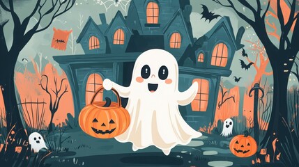 A cute hand-drawn cartoon ghost with a pumpkin basket, trick-or-treating in front of a haunted house, with spooky decorations and bats flying around
