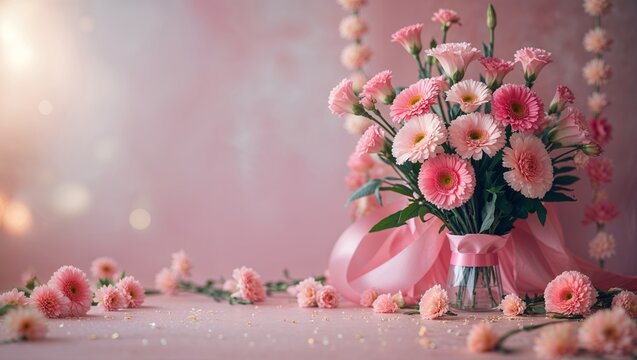 Beautiful pink flower bouquet with delicate petals and soft background perfect for celebrations or special occasions
