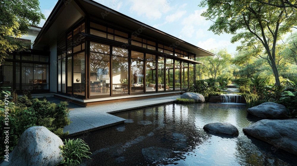 Aufkleber Traditional riverside house with open layout lush garden setting modern architecture serene environment