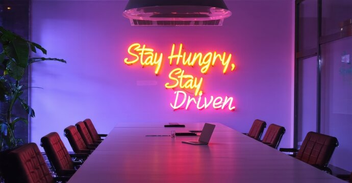 Naklejki Neon sign stay hungry driven cyber violet fiery orange glowing inside modern boardroom softly reflecting off glass conference tables