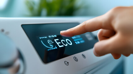 Close-up of a finger about to press the "eco" button on a washing machine control panel
